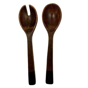 Hand Carved Wood Salad Serving Spoon Fork Set 13" Primitive Country Style Vtg